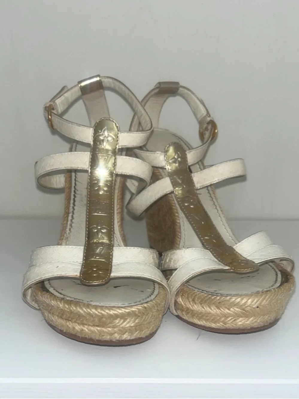 Louis Vuitton White and Gold Espadrille Wedge Sandals 6